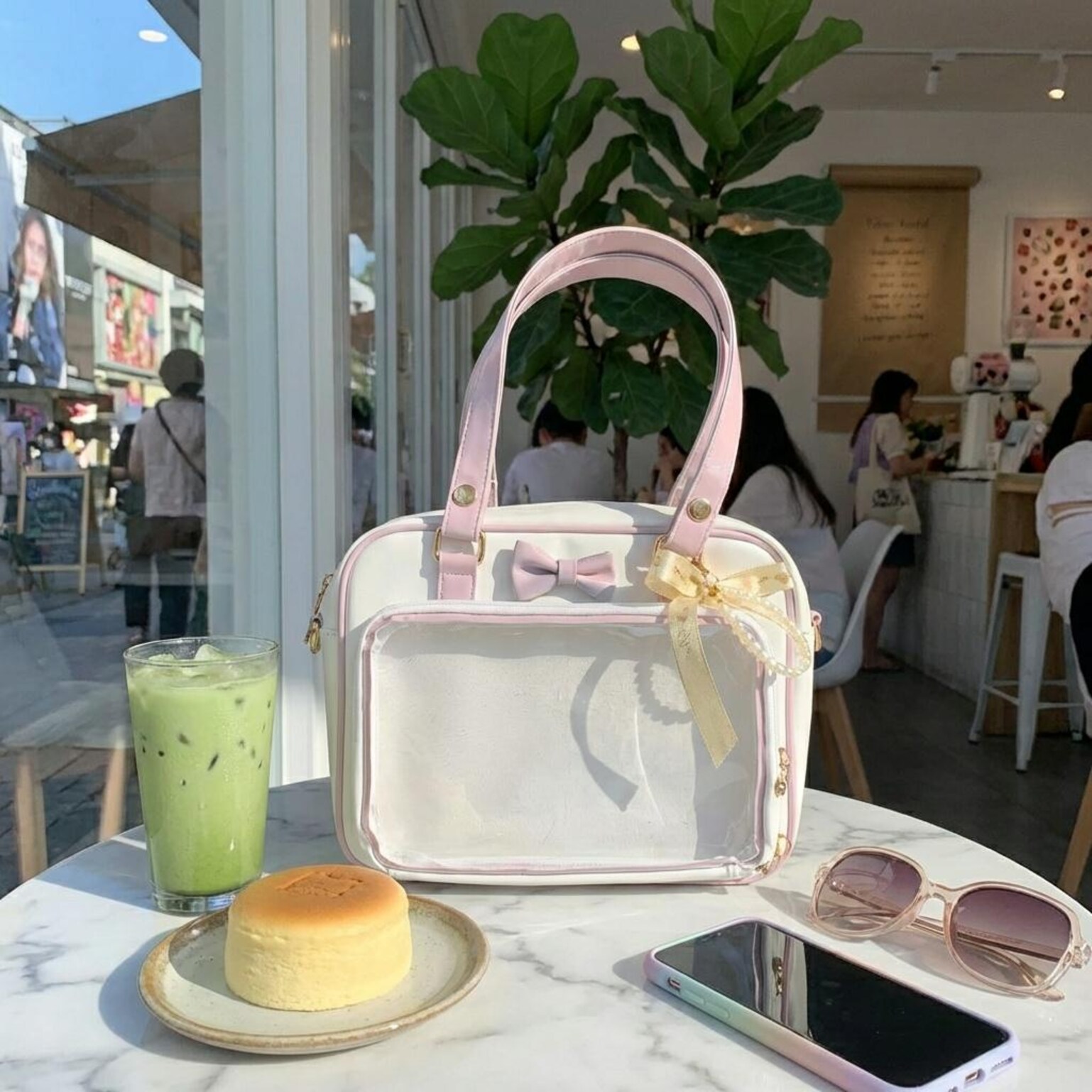 Pink Kawaii Convertible Ita Bag with Clear Window for Pin Display Pink Kawaii Convertible Ita Bag with Clear Window for Pin Display — ita bag detail view