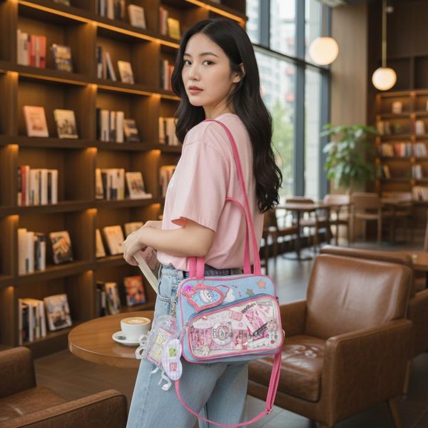 Pink Kawaii Convertible Ita Bag with Clear Window for Pin Display — ita bag detail view