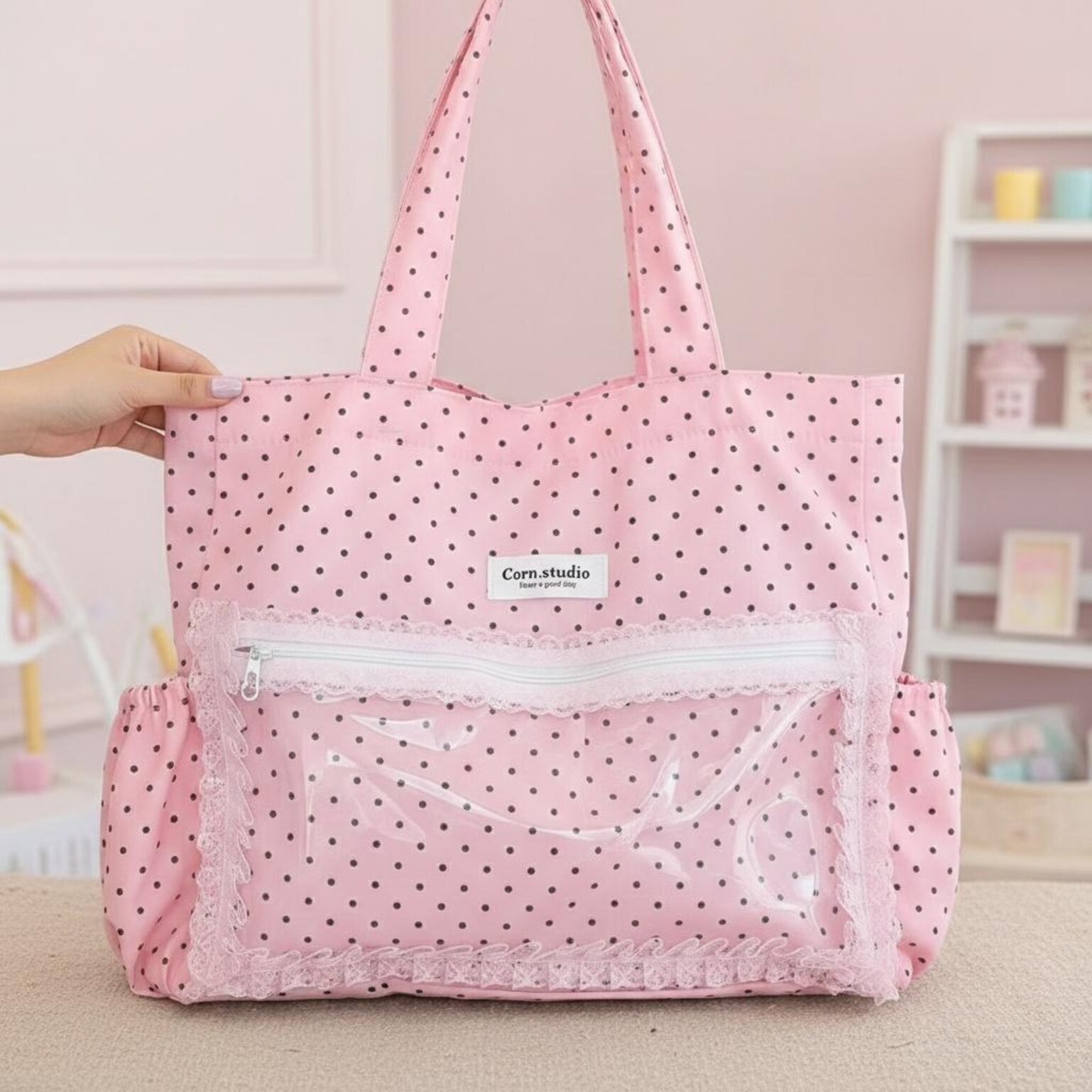 Pink Kawaii Convertible Ita Bag with Clear Window for Pin Display Pink Kawaii Convertible Ita Bag with Clear Window for Pin Display — ita bag detail view