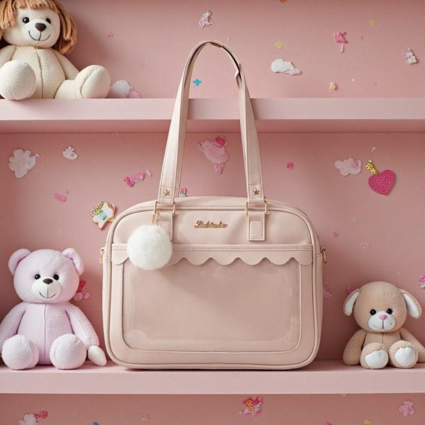 Pink Kawaii Convertible Ita Bag with Clear Window for Pin Display — ita bag detail view