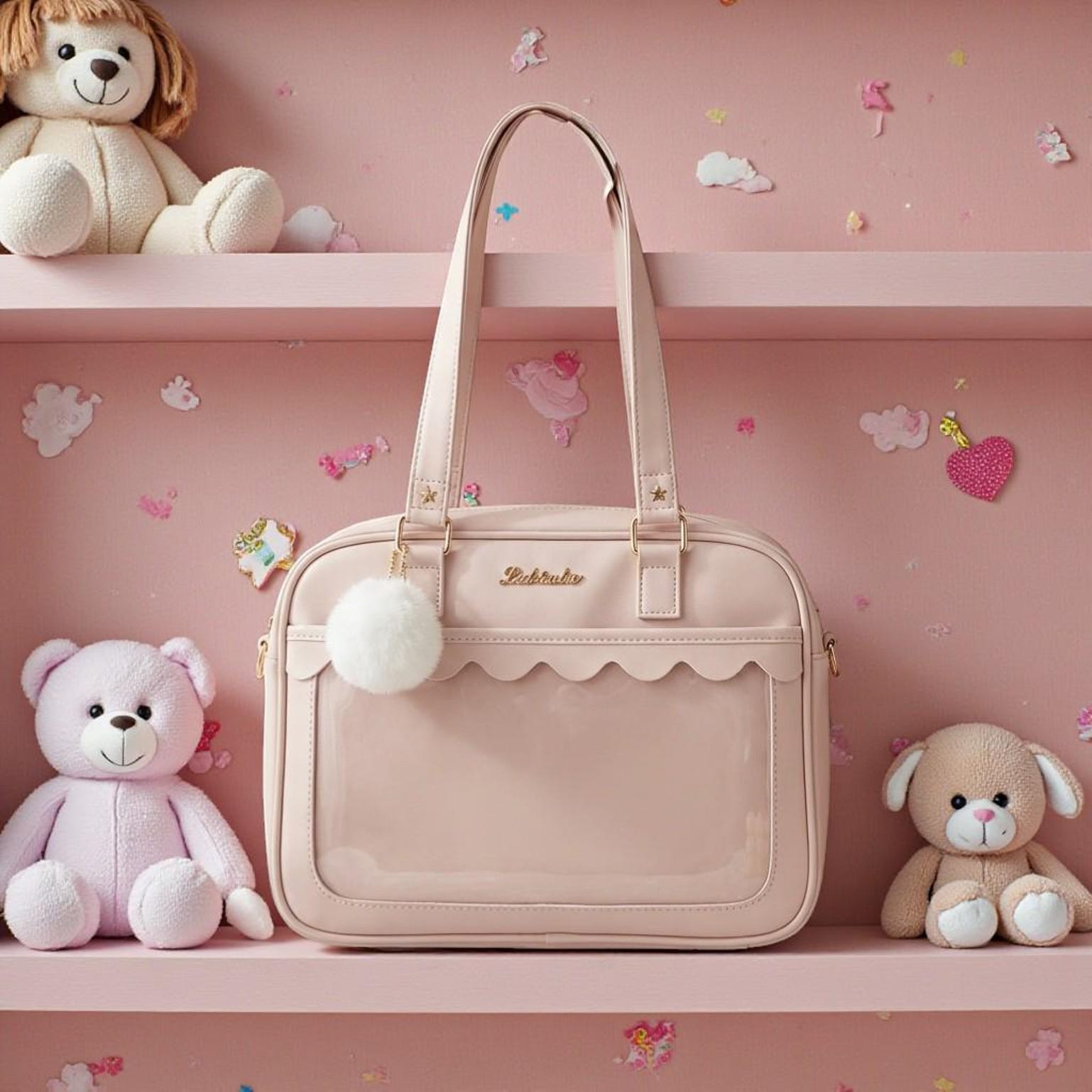 Pink Kawaii Convertible Ita Bag with Clear Window for Pin Display Pink Kawaii Convertible Ita Bag with Clear Window for Pin Display — ita bag detail view