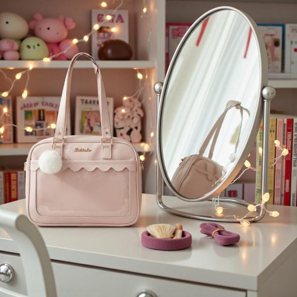 Pink Kawaii Convertible Ita Bag with Clear Window for Pin Display — ita bag detail view