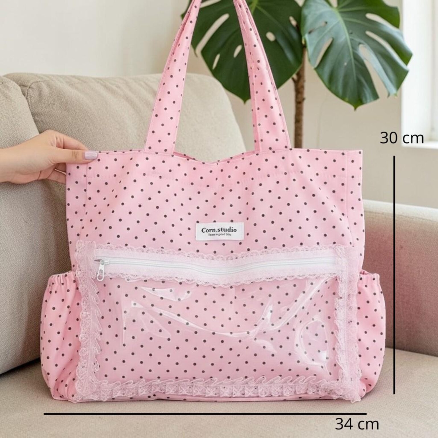 Pink Kawaii Convertible Ita Bag with Clear Window for Pin Display Pink Kawaii Convertible Ita Bag with Clear Window for Pin Display — ita bag detail view