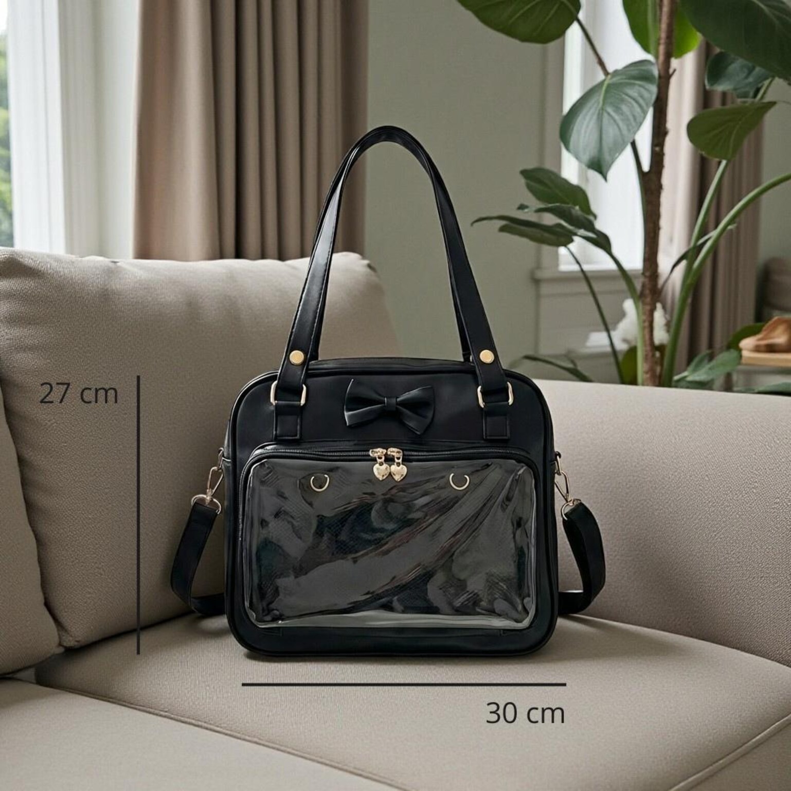 Pink Kawaii Convertible Ita Bag with Clear Window for Pin Display Pink Kawaii Convertible Ita Bag with Clear Window for Pin Display — ita bag detail view
