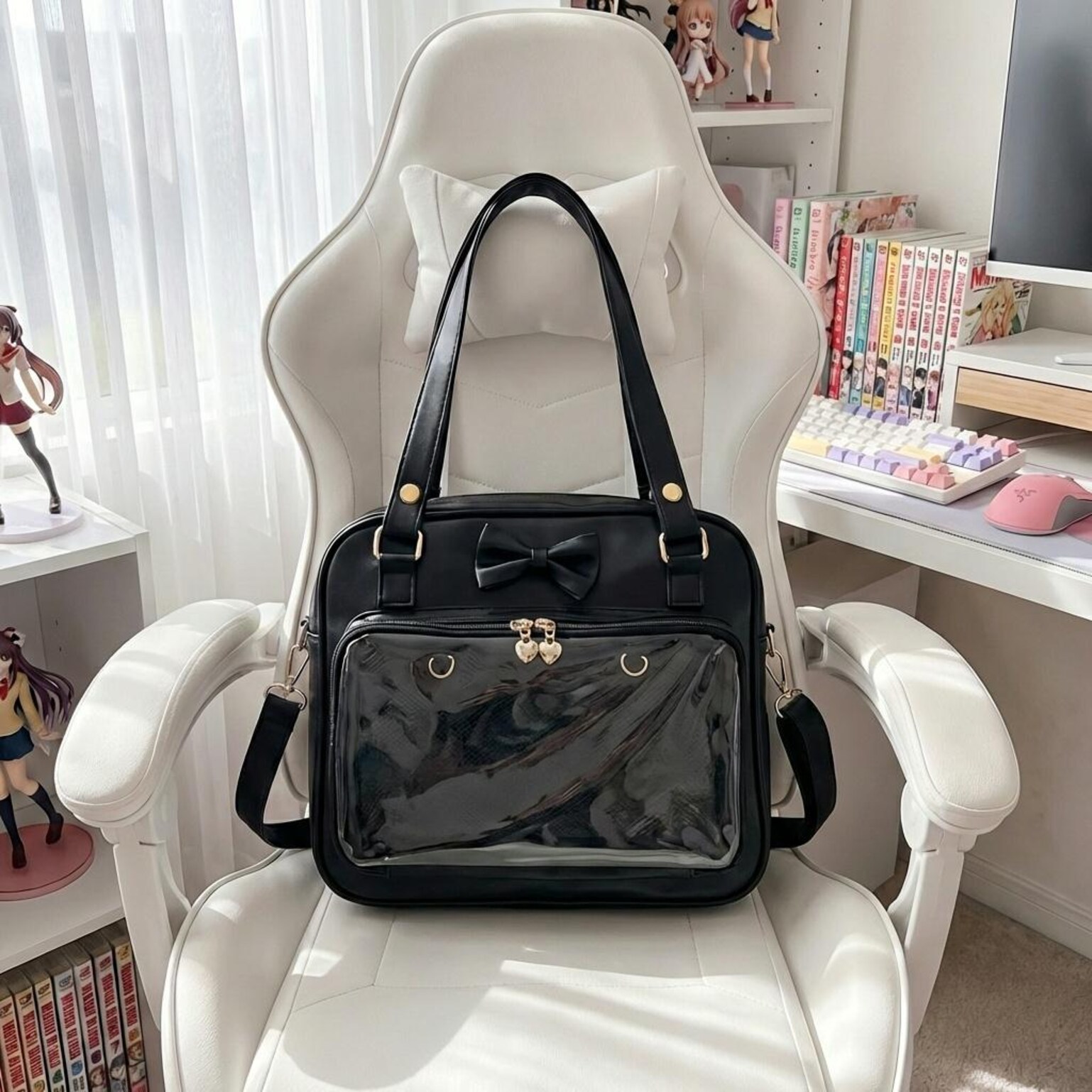Pink Kawaii Convertible Ita Bag with Clear Window for Pin Display Pink Kawaii Convertible Ita Bag with Clear Window for Pin Display — ita bag detail view