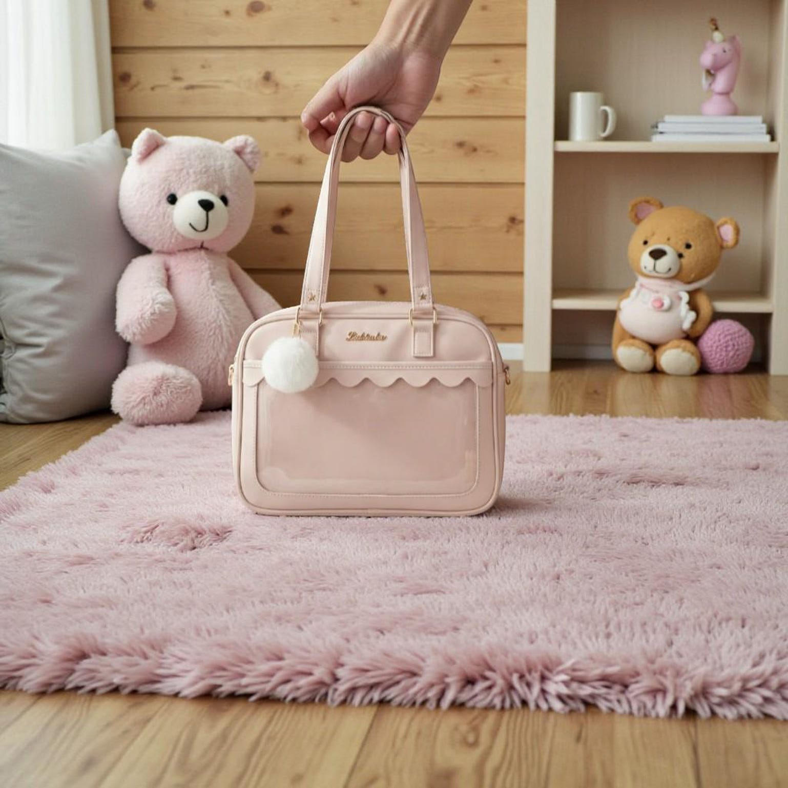 Pink Kawaii Convertible Ita Bag with Clear Window for Pin Display Pink Kawaii Convertible Ita Bag with Clear Window for Pin Display — ita bag detail view