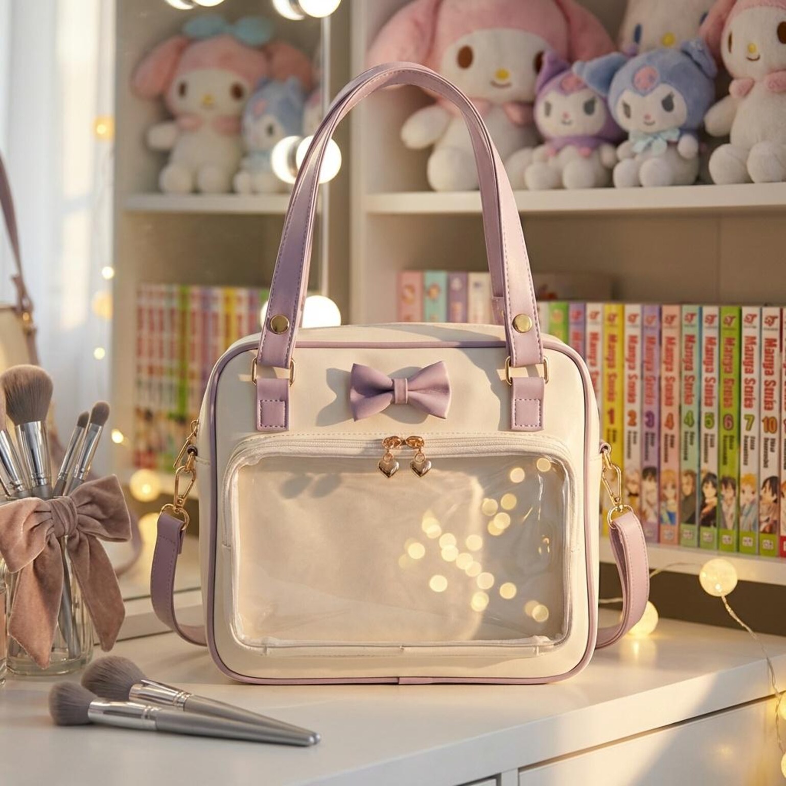 Pink Kawaii Convertible Ita Bag with Clear Window for Pin Display Pink Kawaii Convertible Ita Bag with Clear Window for Pin Display — ita bag detail view