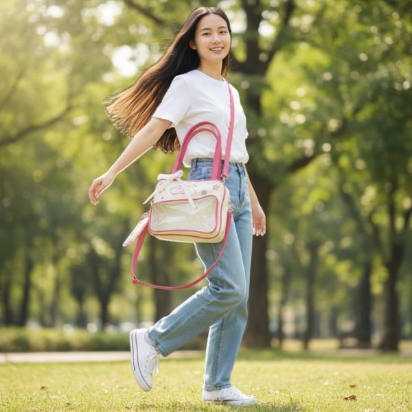 Pink Kawaii Convertible Ita Bag with Clear Window for Pin Display — ita bag detail view