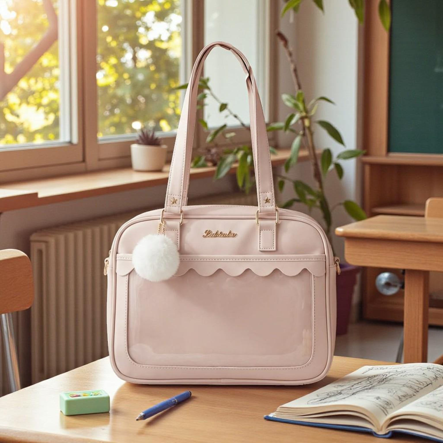 Pink Kawaii Convertible Ita Bag with Clear Window for Pin Display Pink Kawaii Convertible Ita Bag with Clear Window for Pin Display — ita bag detail view