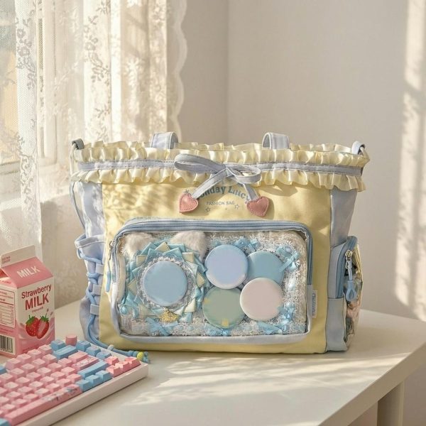 Pink Kawaii Convertible Ita Bag with Clear Window for Pin Display — ita bag detail view
