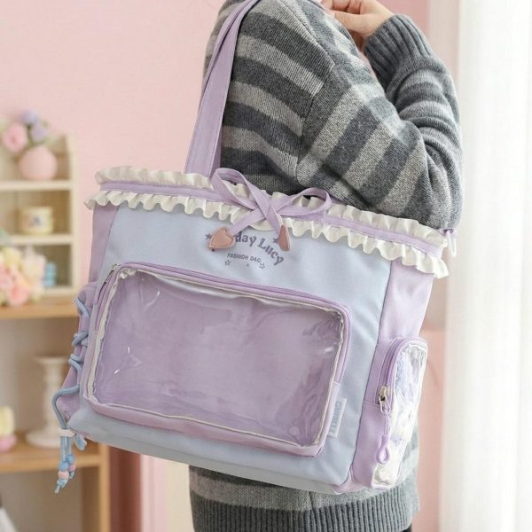 Pink Kawaii Convertible Ita Bag with Clear Window for Pin Display — ita bag detail view