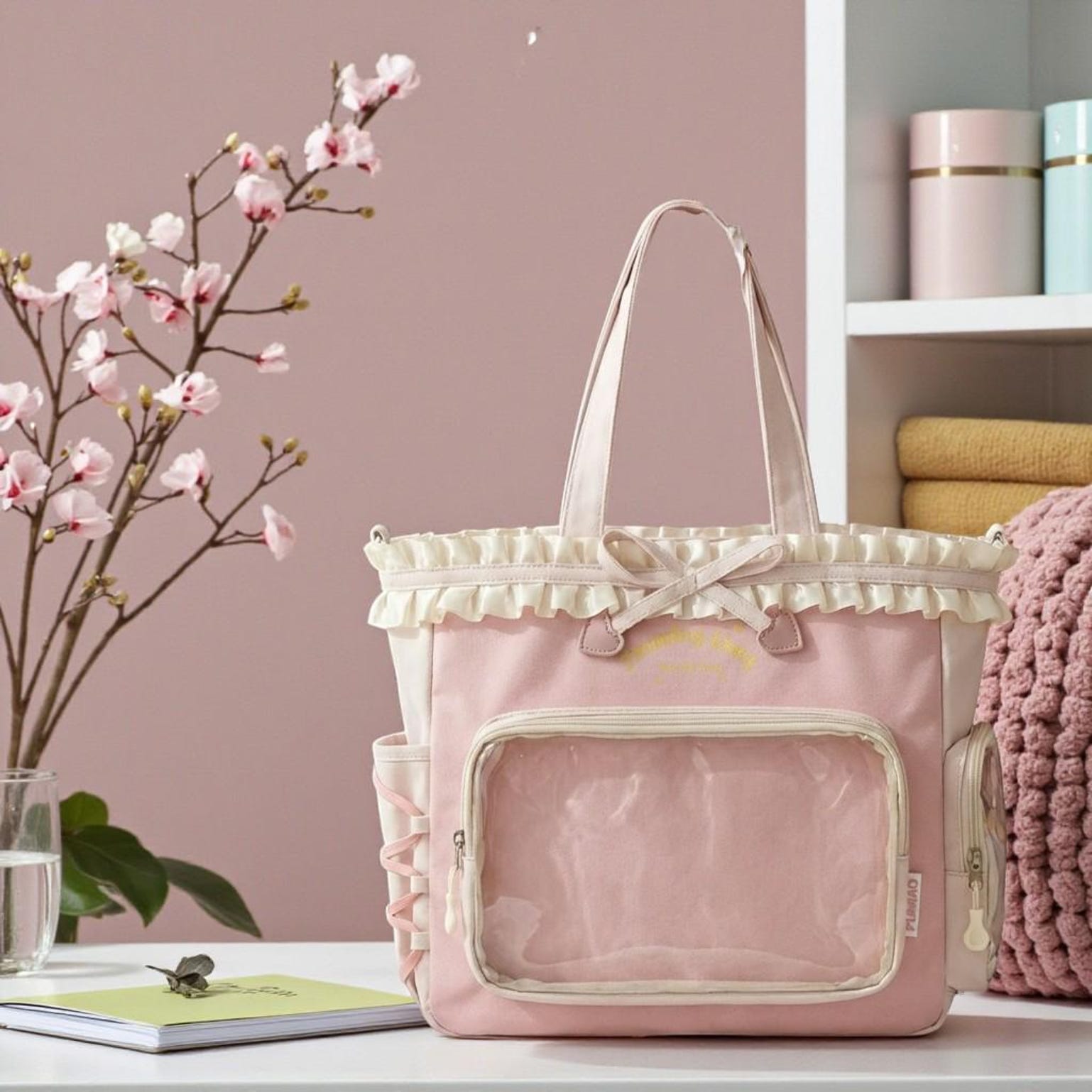 Pink Kawaii Convertible Ita Bag with Clear Window for Pin Display Pink Kawaii Convertible Ita Bag with Clear Window for Pin Display — ita bag detail view