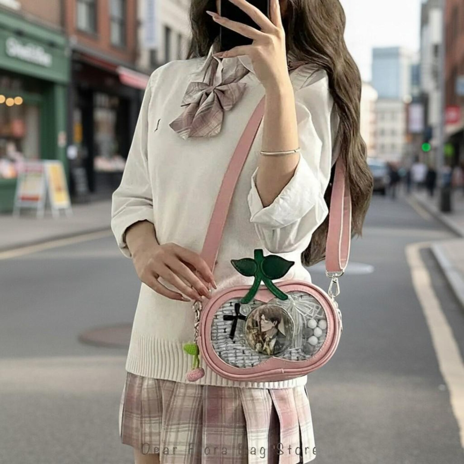 Pink Kawaii Convertible Ita Bag with Clear Window for Pin Display Pink Kawaii Convertible Ita Bag with Clear Window for Pin Display — ita bag detail view
