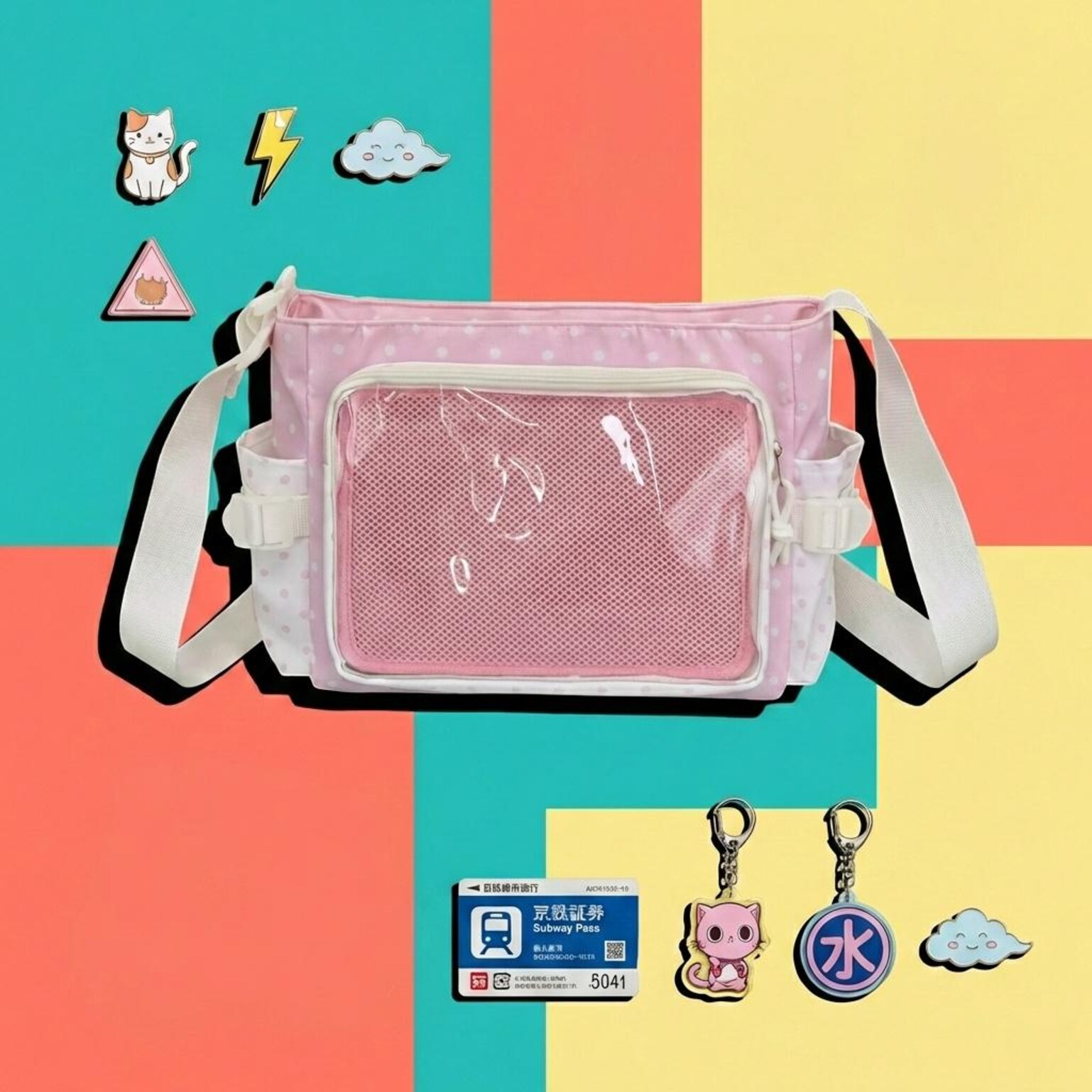 Pink Kawaii Convertible Ita Bag with Clear Window for Pin Display Pink Kawaii Convertible Ita Bag with Clear Window for Pin Display — ita bag with clear display window