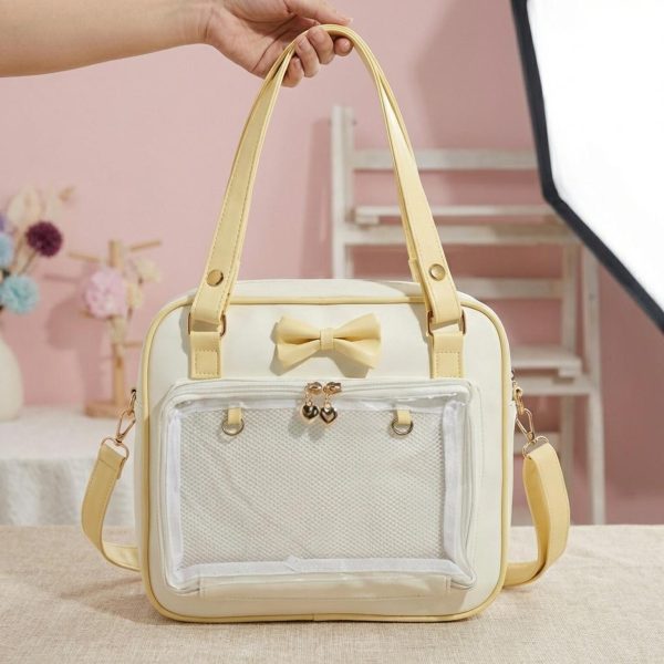 Pink Kawaii Convertible Ita Bag with Clear Window for Pin Display — ita bag detail view