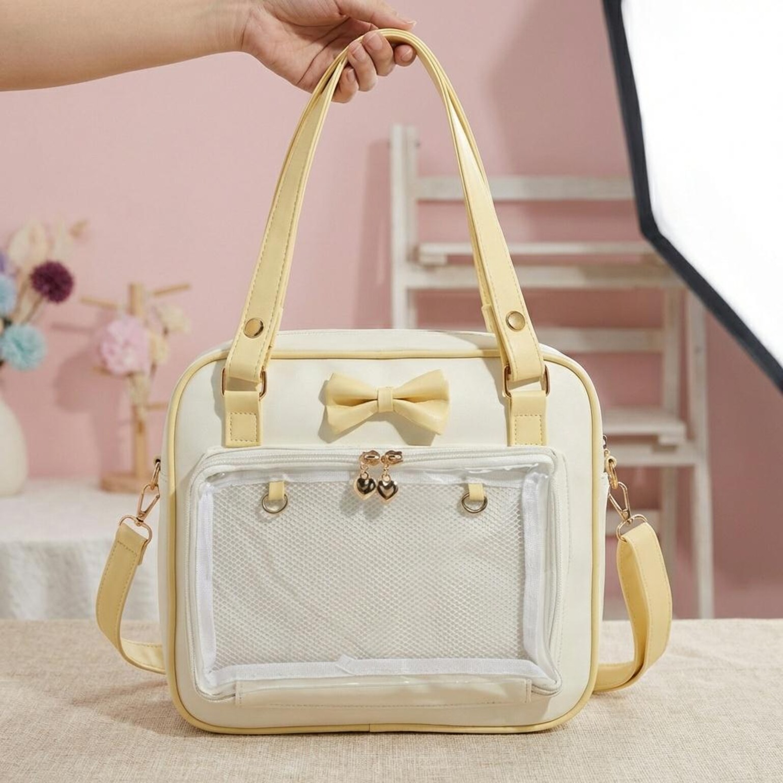 Pink Kawaii Convertible Ita Bag with Clear Window for Pin Display Pink Kawaii Convertible Ita Bag with Clear Window for Pin Display — ita bag detail view