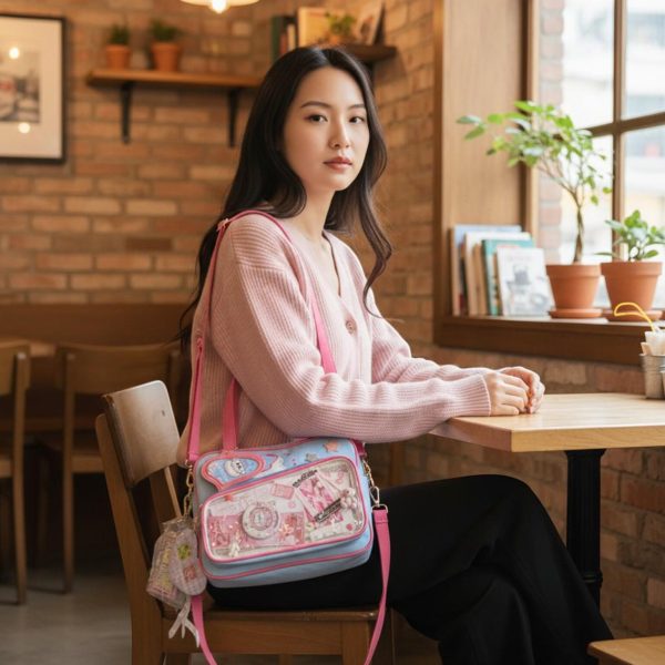Pink Kawaii Convertible Ita Bag with Clear Window for Pin Display — ita bag detail view