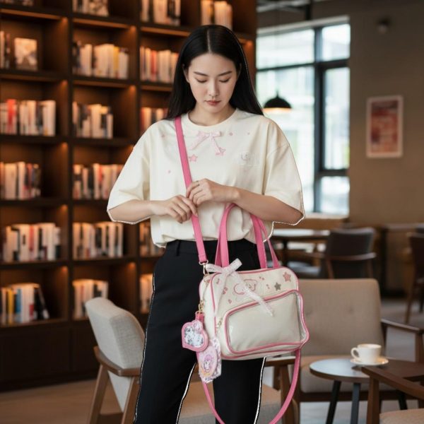 Pink Kawaii Convertible Ita Bag with Clear Window for Pin Display — ita bag detail view