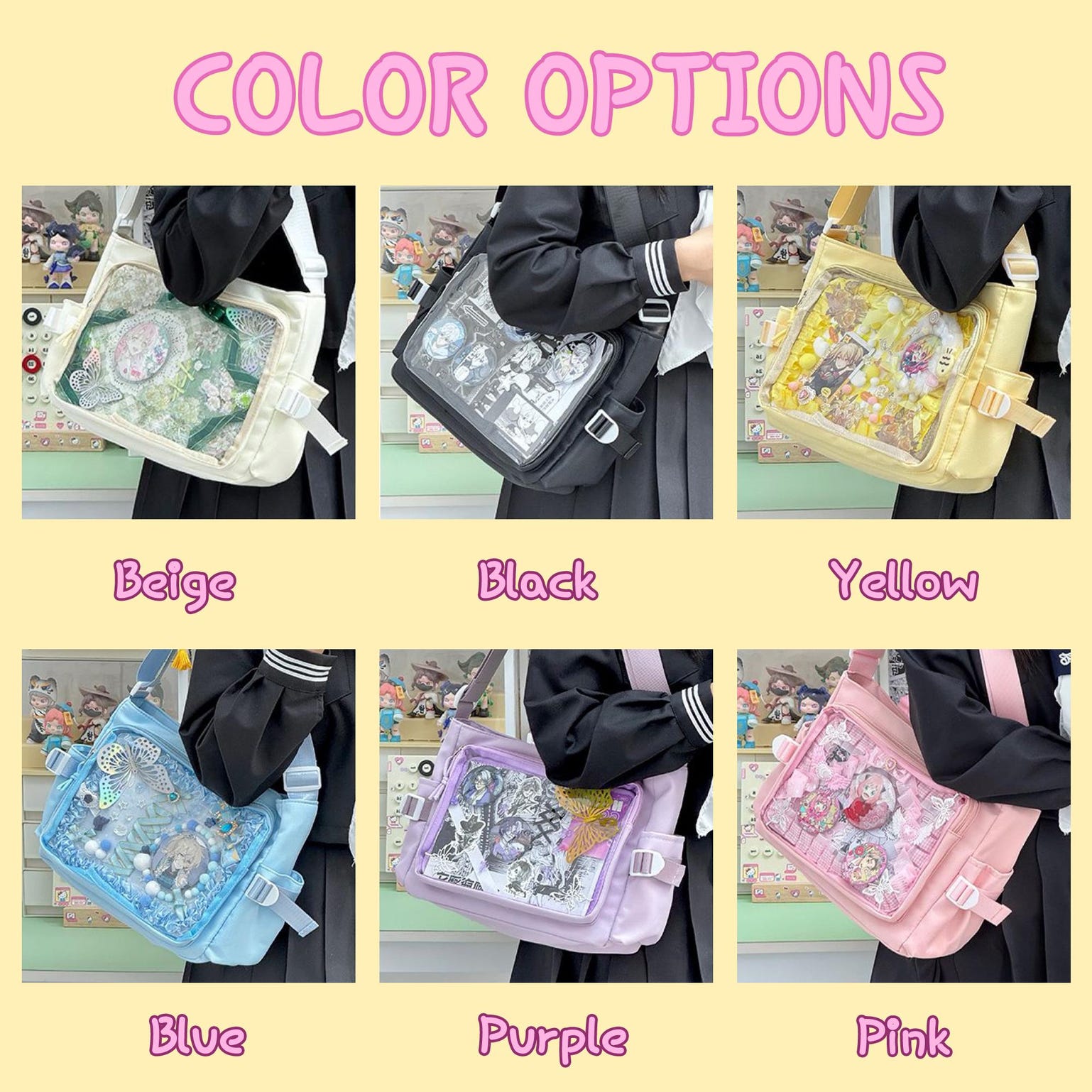 Pink Kawaii Convertible Ita Bag with Clear Window for Plushies and Pins Pink Kawaii Convertible Ita Bag with Clear Window for Plushies and Pins — ita bag detail view