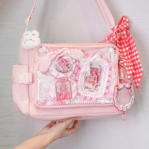 Pink Kawaii Convertible Ita Bag with Clear Window for Plushies and Pins — ita bag detail view