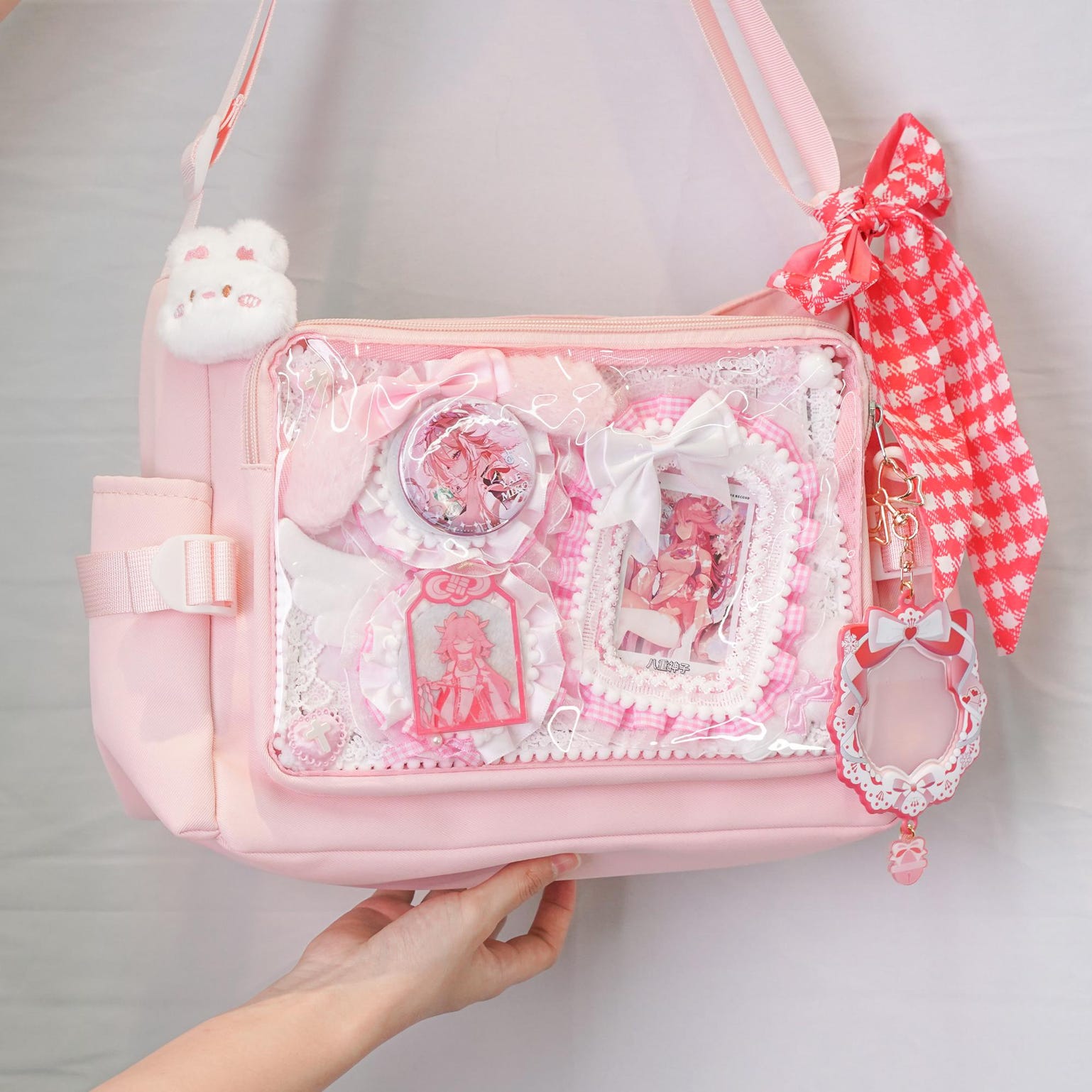 Pink Kawaii Convertible Ita Bag with Clear Window for Plushies and Pins Pink Kawaii Convertible Ita Bag with Clear Window for Plushies and Pins — ita bag detail view