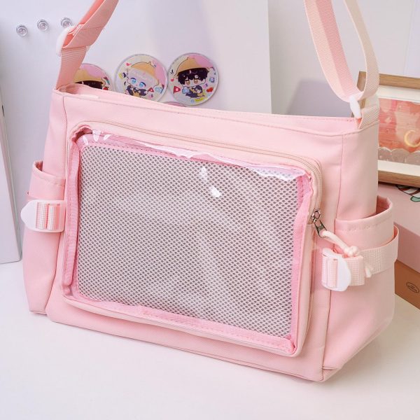 Pink Kawaii Convertible Ita Bag with Clear Window for Plushies and Pins — ita bag detail view