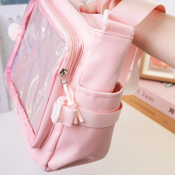 Pink Kawaii Convertible Ita Bag with Clear Window for Plushies and Pins — ita bag detail view