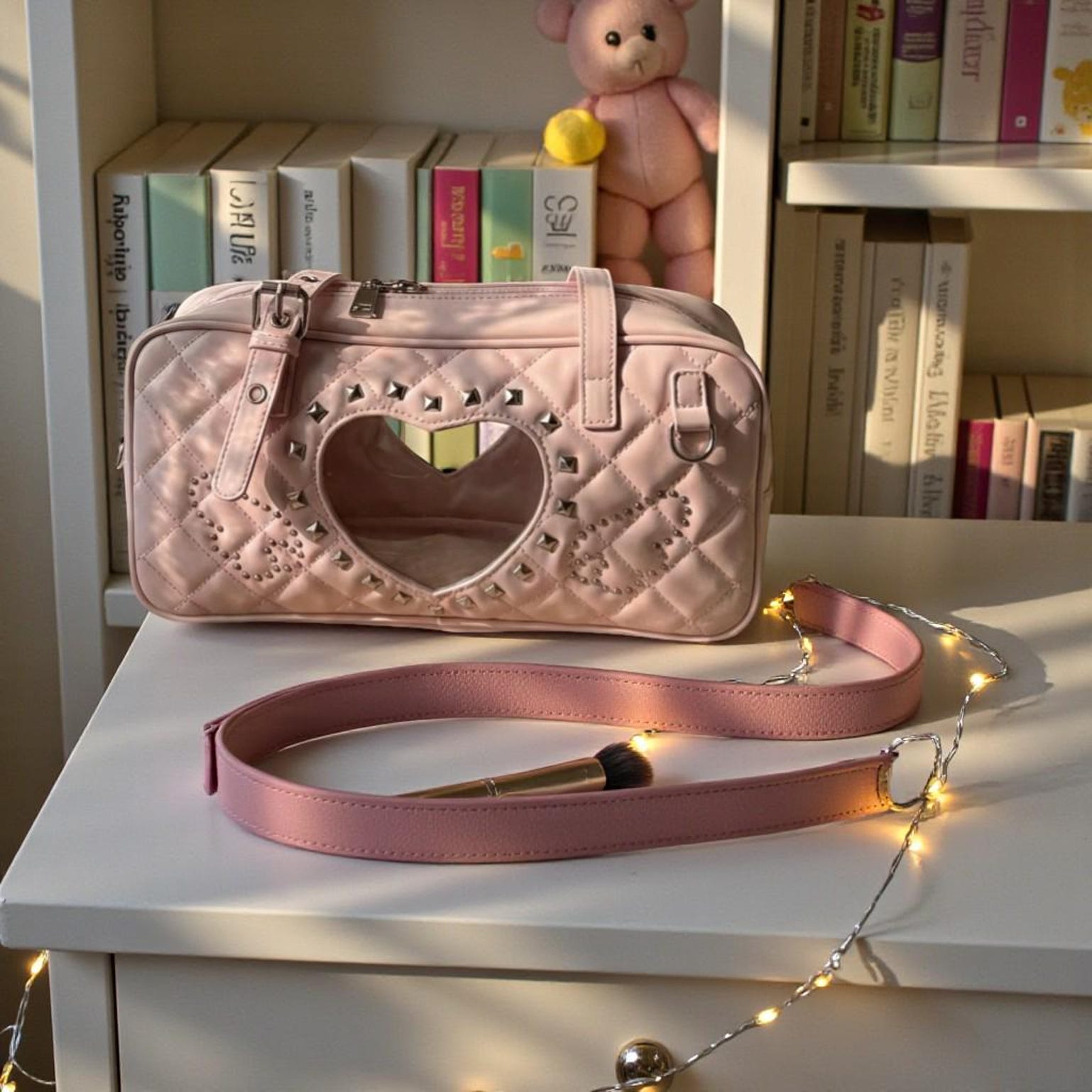 Pink Kawaii Heart Convertible Ita Bag with Clear Window for Pin Display Pink Kawaii Heart Convertible Ita Bag with Clear Window for Pin Display — ita bag detail view
