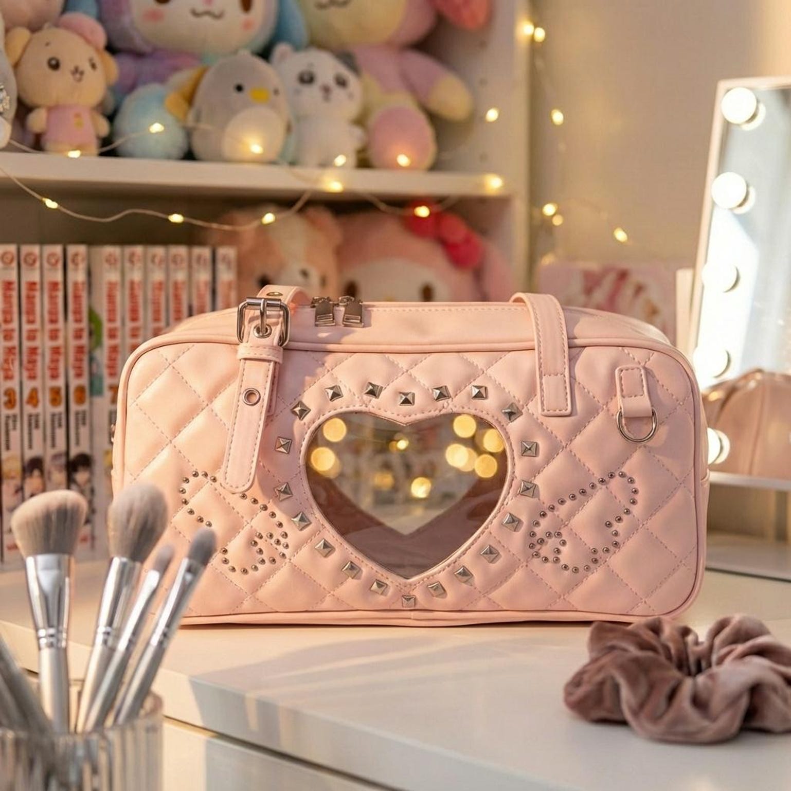 Pink Kawaii Heart Convertible Ita Bag with Clear Window for Pin Display Pink Kawaii Heart Convertible Ita Bag with Clear Window for Pin Display — ita bag detail view