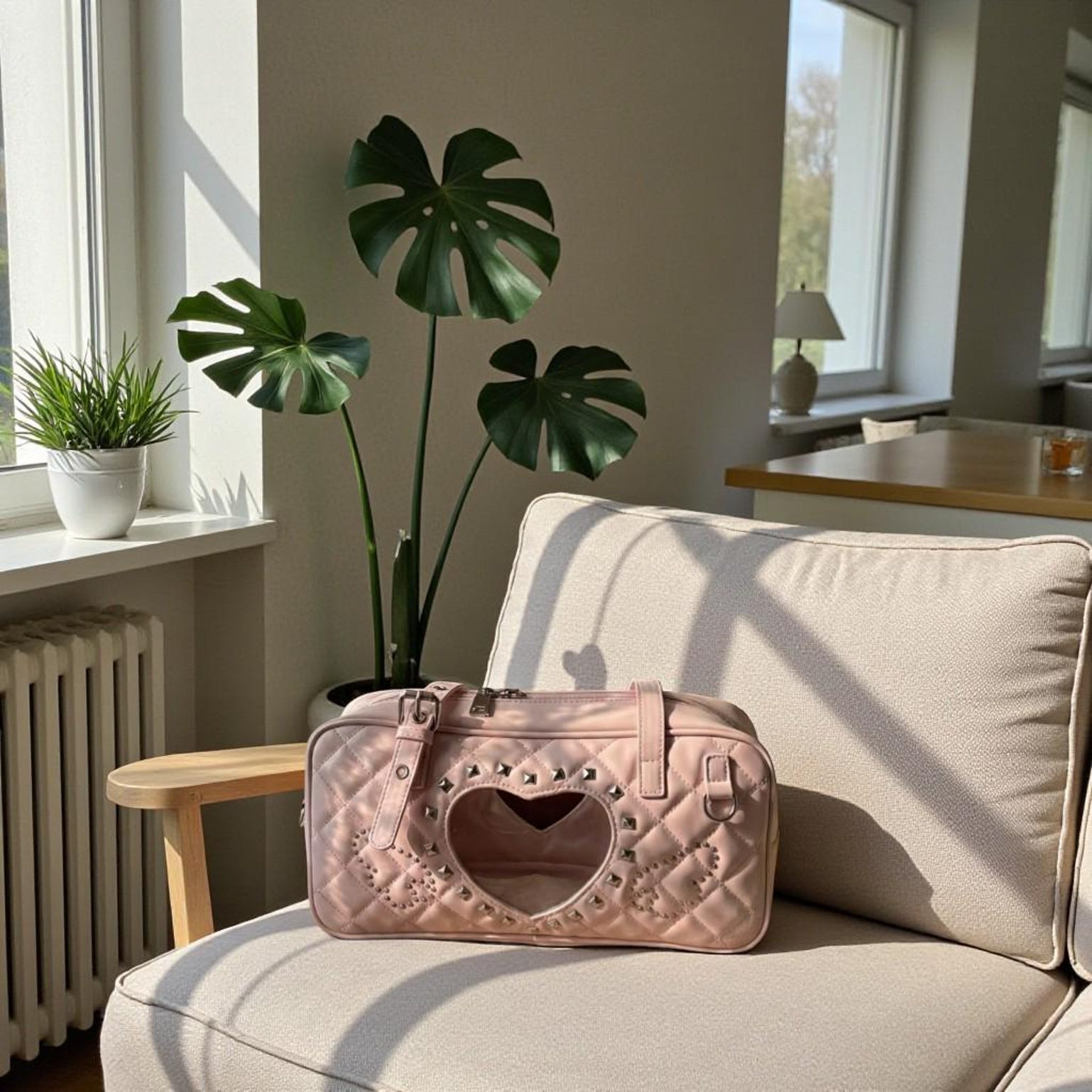 Pink Kawaii Heart Convertible Ita Bag with Clear Window for Pin Display Pink Kawaii Heart Convertible Ita Bag with Clear Window for Pin Display — ita bag detail view