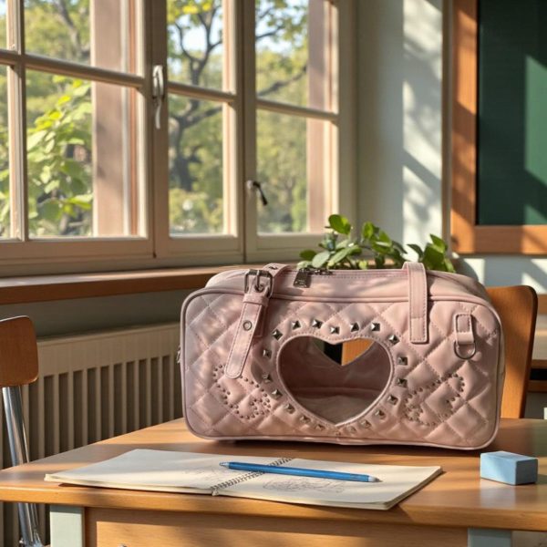 Pink Kawaii Heart Convertible Ita Bag with Clear Window for Pin Display — ita bag detail view