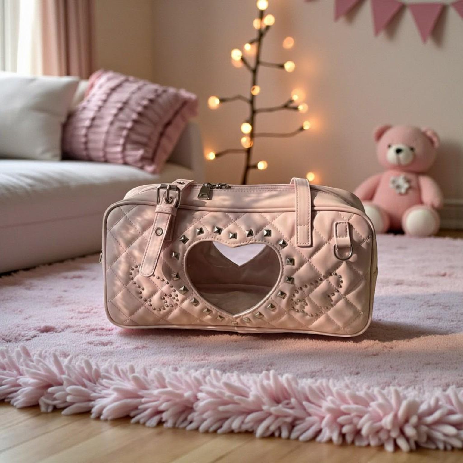 Pink Kawaii Heart Convertible Ita Bag with Clear Window for Pin Display Pink Kawaii Heart Convertible Ita Bag with Clear Window for Pin Display — ita bag detail view
