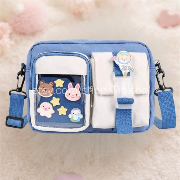 Pink Kawaii Ita Crossbody Bag for Pin Display — crossbody ita bag detail view