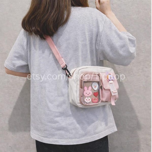 Pink Kawaii Ita Crossbody Bag for Pin Display — crossbody ita bag with clear display window