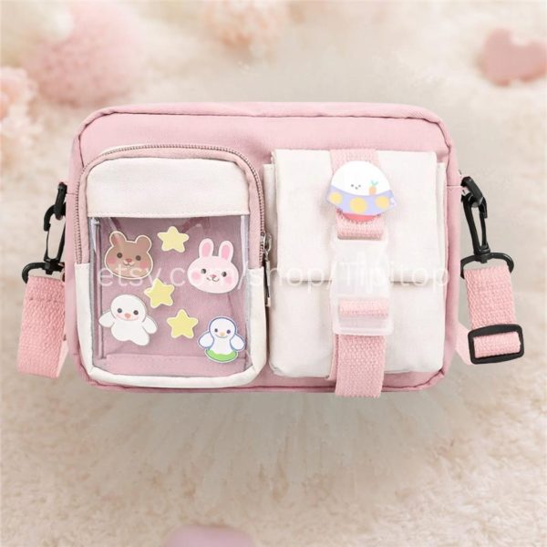 Pink Kawaii Ita Crossbody Bag for Pin Display — crossbody ita bag detail view