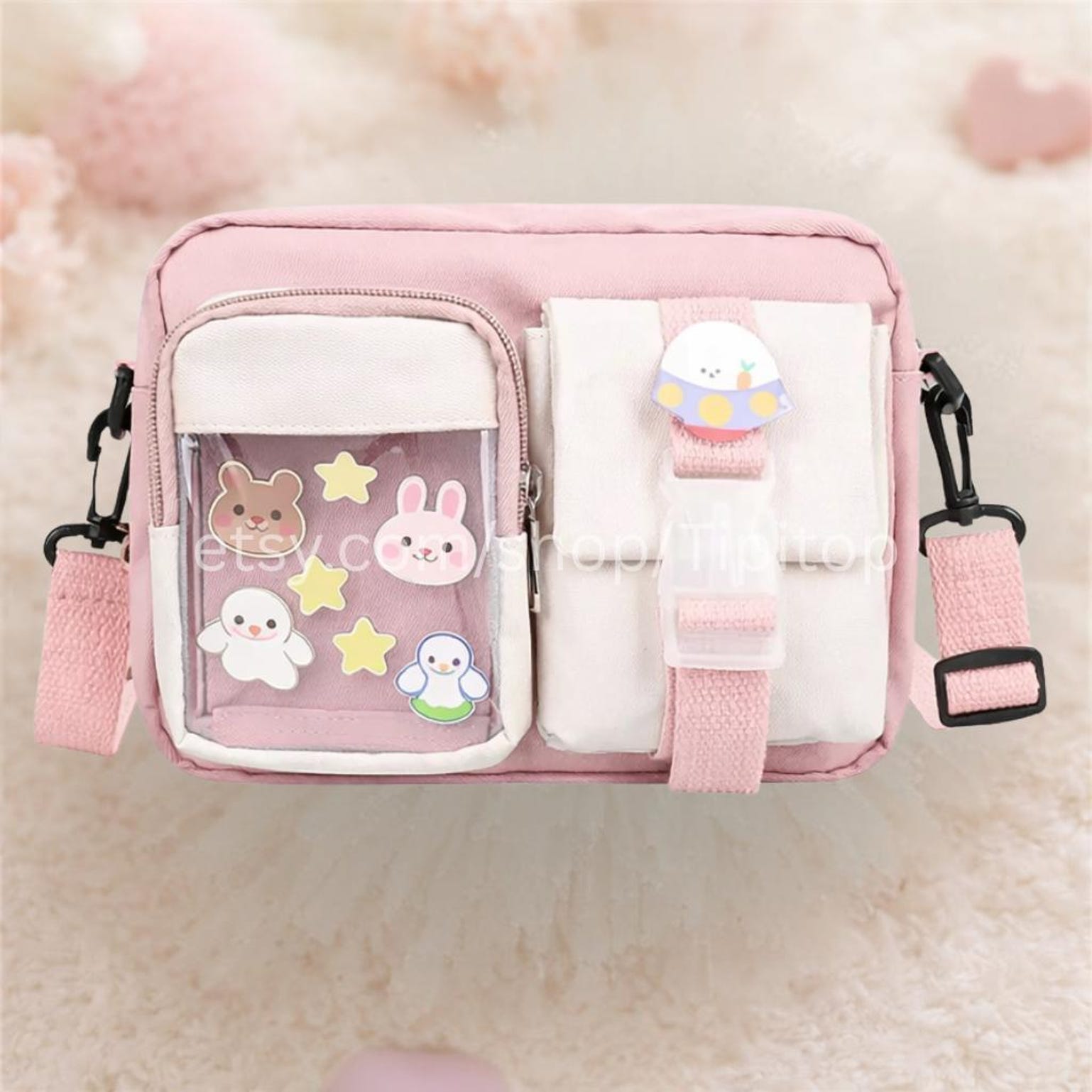 Pink Kawaii Ita Crossbody Bag for Pin Display Pink Kawaii Ita Crossbody Bag for Pin Display — crossbody ita bag detail view