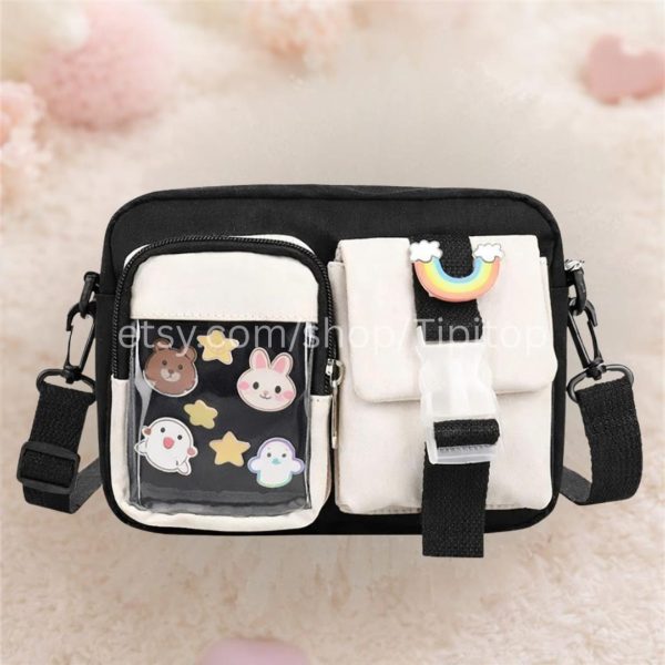 Pink Kawaii Ita Crossbody Bag for Pin Display — crossbody ita bag detail view