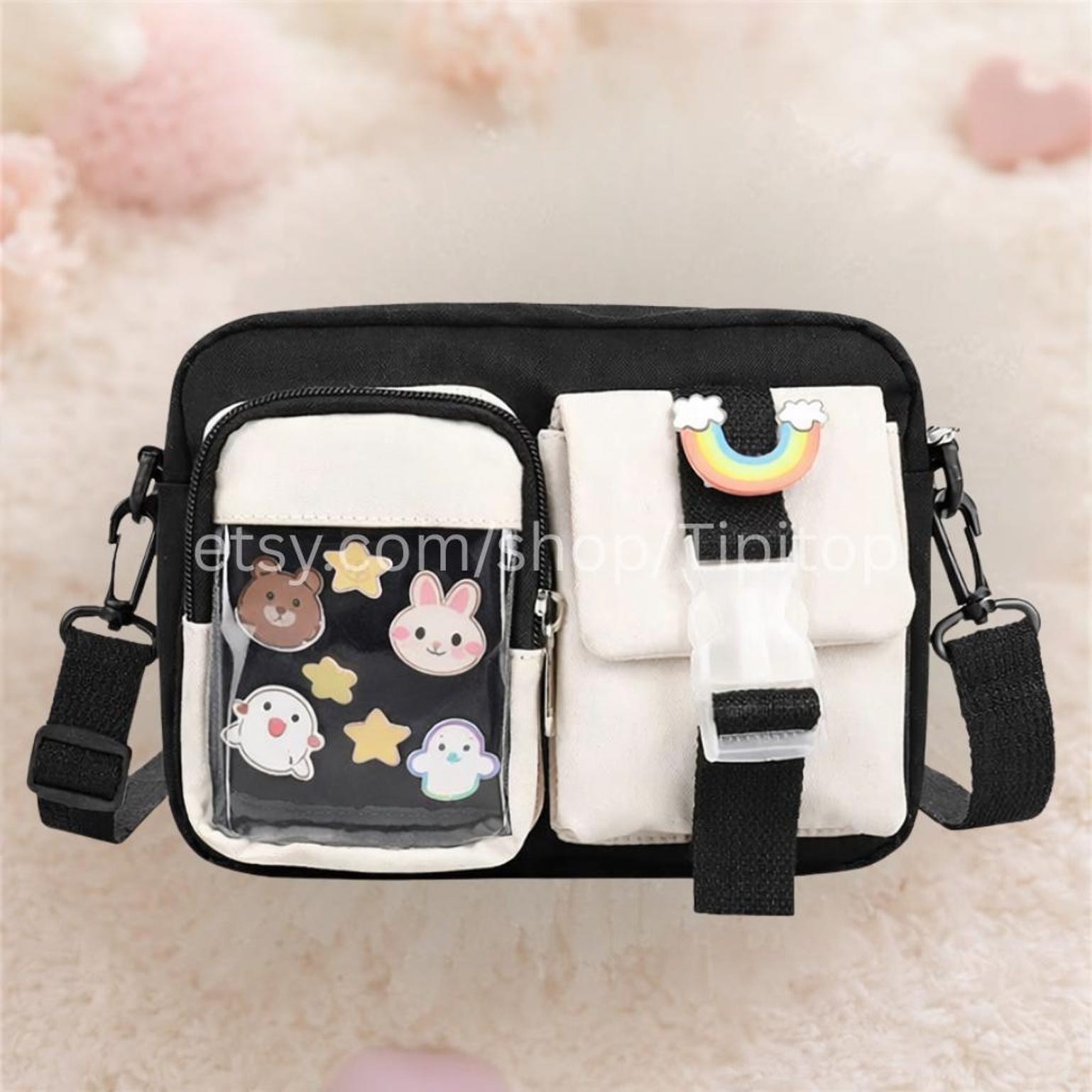 Pink Kawaii Ita Crossbody Bag for Pin Display Pink Kawaii Ita Crossbody Bag for Pin Display — crossbody ita bag detail view
