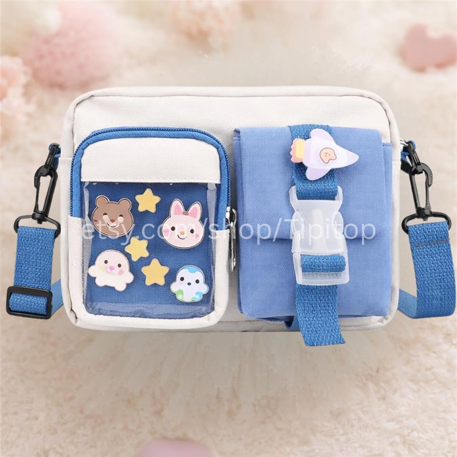 Pink Kawaii Ita Crossbody Bag for Pin Display Pink Kawaii Ita Crossbody Bag for Pin Display — crossbody ita bag detail view