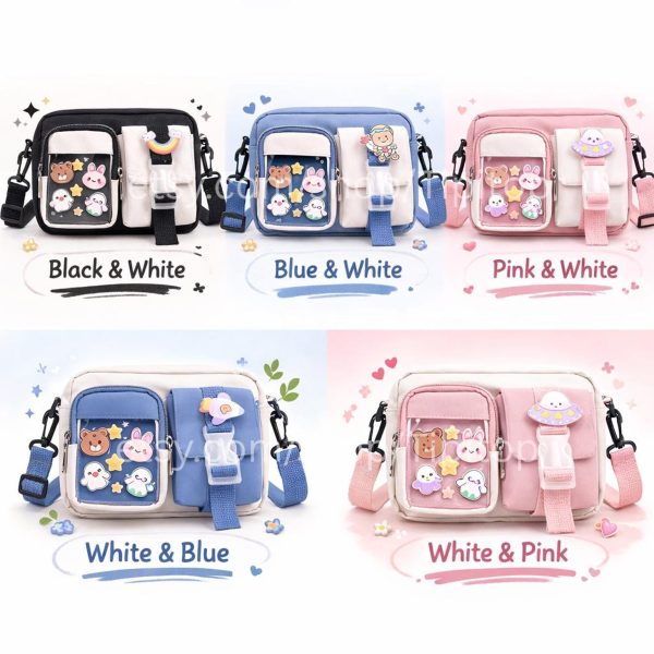 Pink Kawaii Ita Crossbody Bag for Pin Display — crossbody ita bag detail view