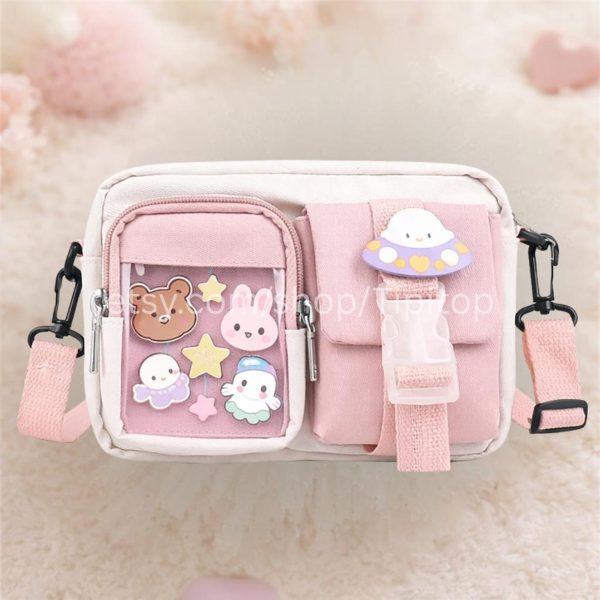 Pink Kawaii Ita Crossbody Bag for Pin Display — crossbody ita bag detail view