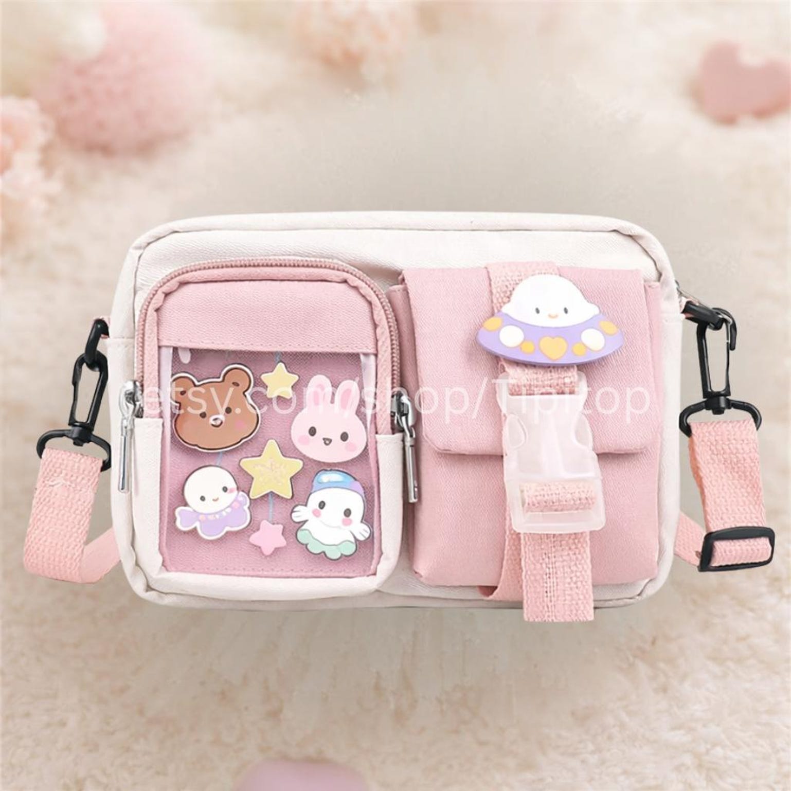 Pink Kawaii Ita Crossbody Bag for Pin Display Pink Kawaii Ita Crossbody Bag for Pin Display — crossbody ita bag detail view
