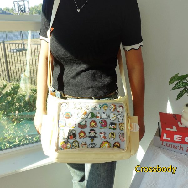 Pink Kawaii Ita Crossbody Bag with Clear Window for Pin Display — crossbody ita bag detail view