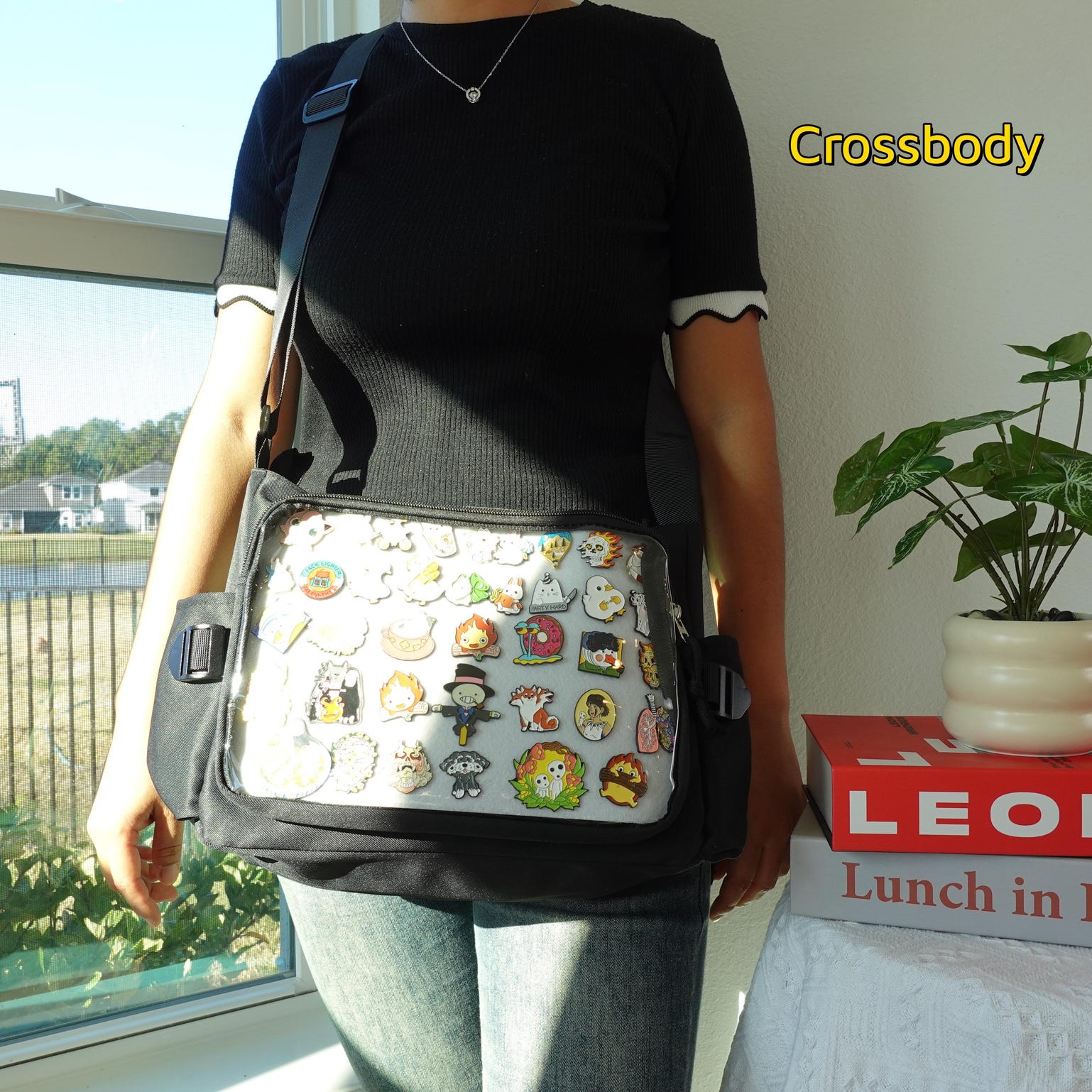 Pink Kawaii Ita Crossbody Bag with Clear Window for Pin Display Pink Kawaii Ita Crossbody Bag with Clear Window for Pin Display — crossbody ita bag detail view