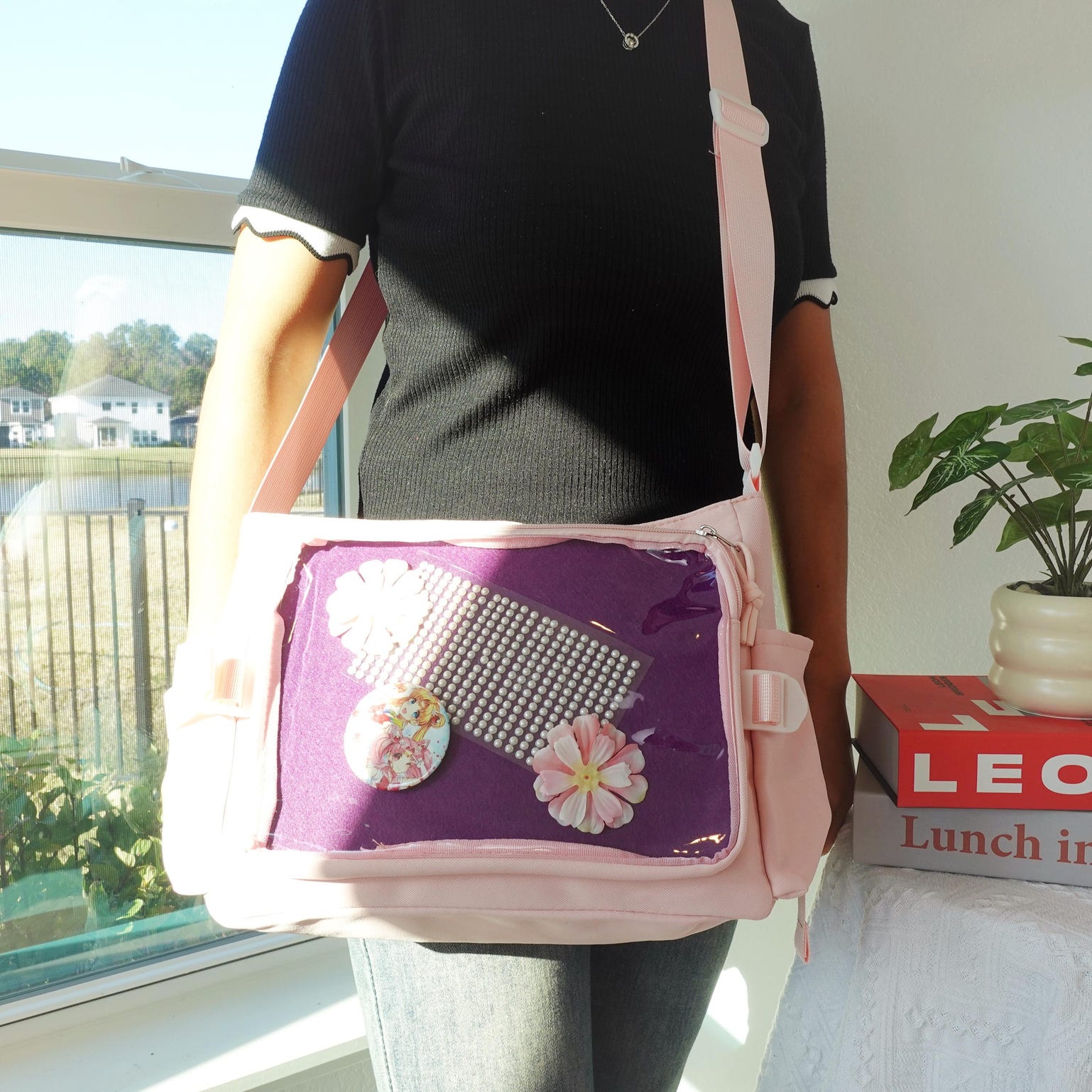 Pink Kawaii Ita Crossbody Bag with Clear Window for Pin Display Pink Kawaii Ita Crossbody Bag with Clear Window for Pin Display — crossbody ita bag detail view