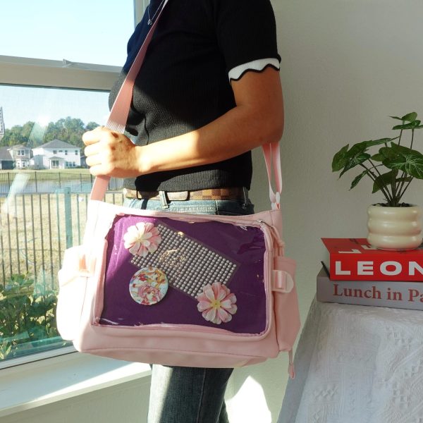 Pink Kawaii Ita Crossbody Bag with Clear Window for Pin Display — crossbody ita bag detail view