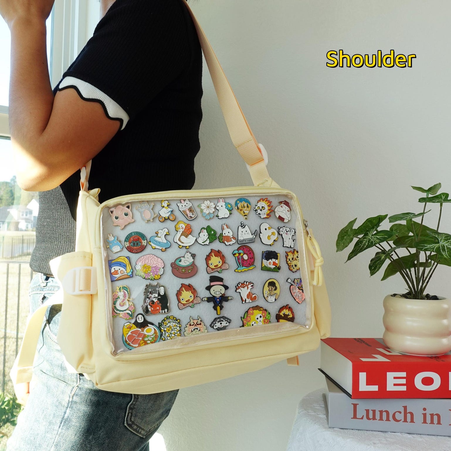 Pink Kawaii Ita Crossbody Bag with Clear Window for Pin Display Pink Kawaii Ita Crossbody Bag with Clear Window for Pin Display — crossbody ita bag detail view
