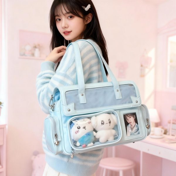 Pink Kawaii Ita Tote Bag with Clear Window for Plushies and Pins — ita tote bag detail view