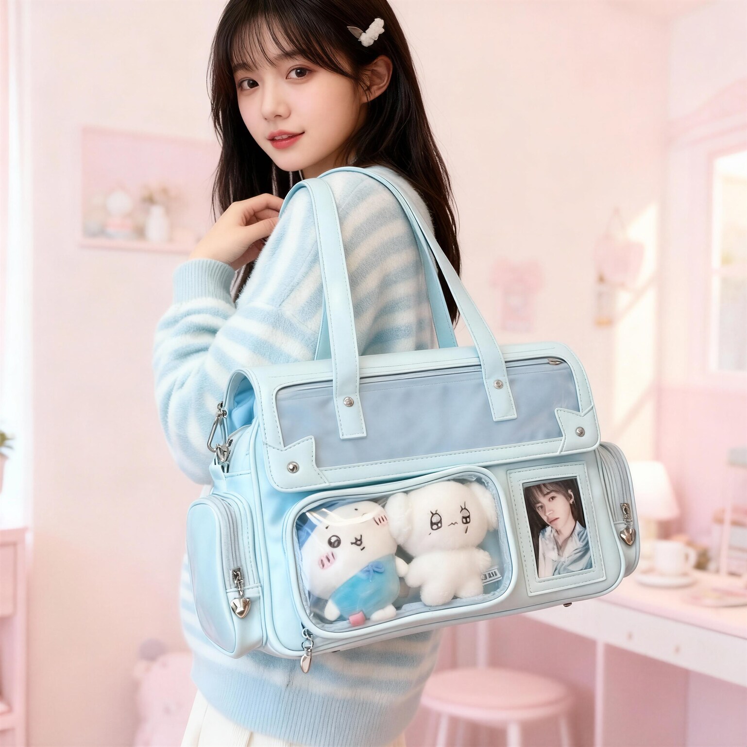 Pink Kawaii Ita Tote Bag with Clear Window for Plushies and Pins Pink Kawaii Ita Tote Bag with Clear Window for Plushies and Pins — ita tote bag detail view