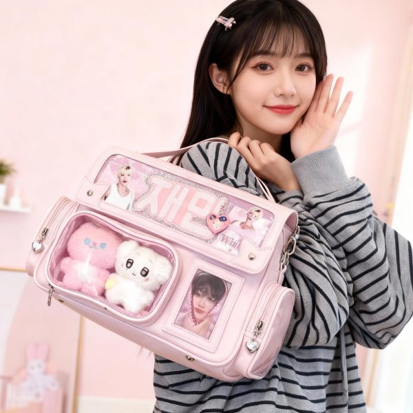 Pink Kawaii Ita Tote Bag with Clear Window for Plushies and Pins — ita tote bag detail view